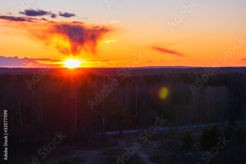 Sunset over the trees filmed from the forest. A beautiful red sunset over the trees with a large cloud falling in the sun.