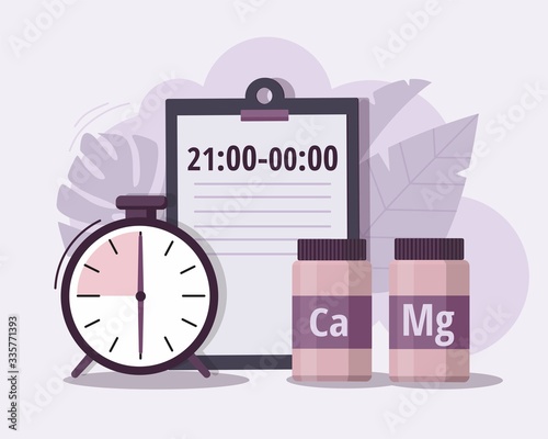 Calcium, magnesiumand and alarm clock. Time of pill. Health care, pharmacy, medicine concept  