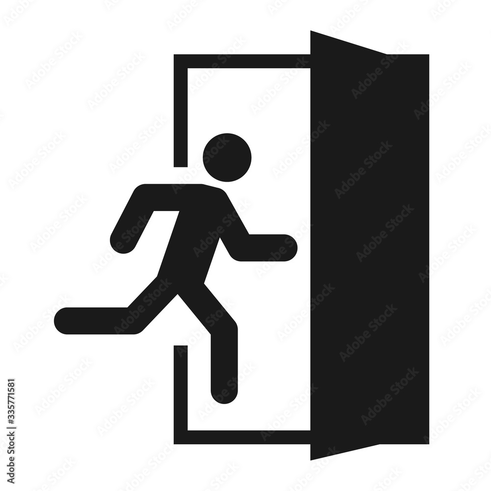 Running man and exit door sign. Vector icon, safety symbol. Escape help evacuation - obrazy, fototapety, plakaty 