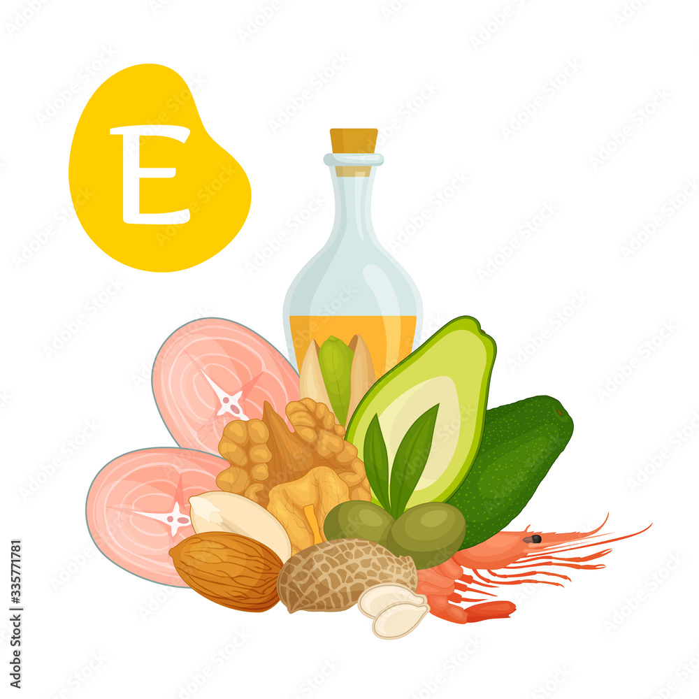 Vecteur Stock Content of vitamins E in various foods. Information