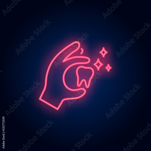 Tooth in hand neon sign. Luminous signboard with molar tooth. Night bright advertisement. Vector illustration in neon style for dentistry, clinic, healthcare