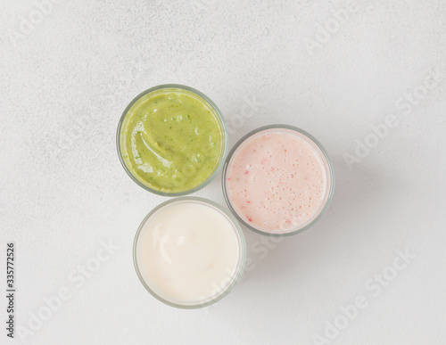 Assortment organic vegetarian protein shakes with Almond Milk. Healthy nutrition. Top view. 