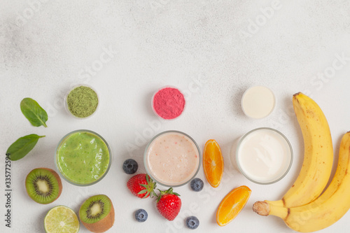 Wallpaper Mural Assortment organic vegetarian protein shakes with Almond Milk. Healthy nutrition. Top view.  Torontodigital.ca