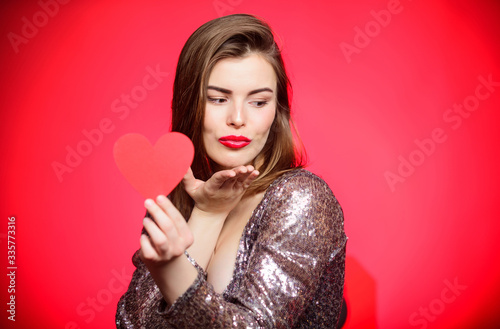 All thoughts about love. Valentines day party. I love you. Sexy woman in glamour dress. Sensual girl with decorative heart. Love and romance. Valentines day sales. Romantic greeting. Be my valentine