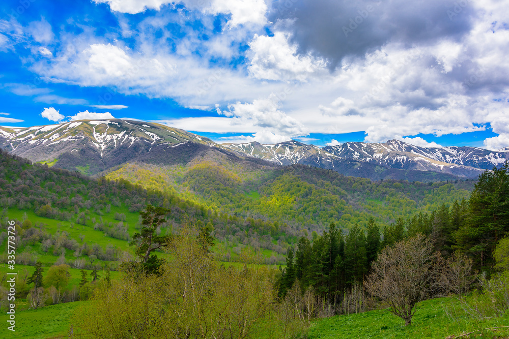 Fototapeta premium Beautiful mountain panorama with lush greens, blue skies, and puffy clouds