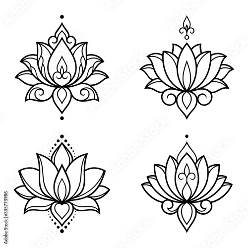 Set of lotus mehndi flower pattern for Henna drawing and tattoo. Decoration in oriental, Indian style. Doodle ornament. Outline hand draw vector illustration.