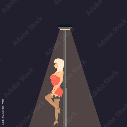 Prostitute. A woman smokes near a lamp. Vector illustration