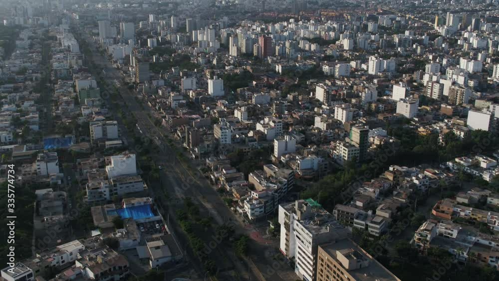 Tracking aerial drone view of Tomas Marsano Avenue in Surquillo district during the lockdown due to the Coronavirus pandemic in Lima city, Peru Tracking aerial drone view of Tomas Marsano Avenue in Surquillo district during the lockdown due to the Coronavirus pandemic in Lima city, Peru