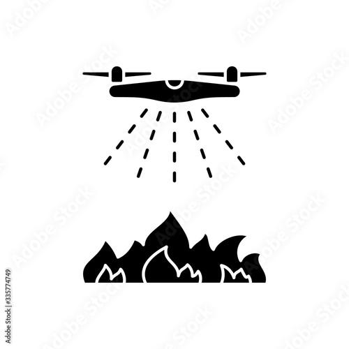 Silhouette Drone puts out fire. Outline icon of firefighting quadcopter. Black illustration of airplane spraying water or flame retardant fluid from air. Flat isolated vector on white background