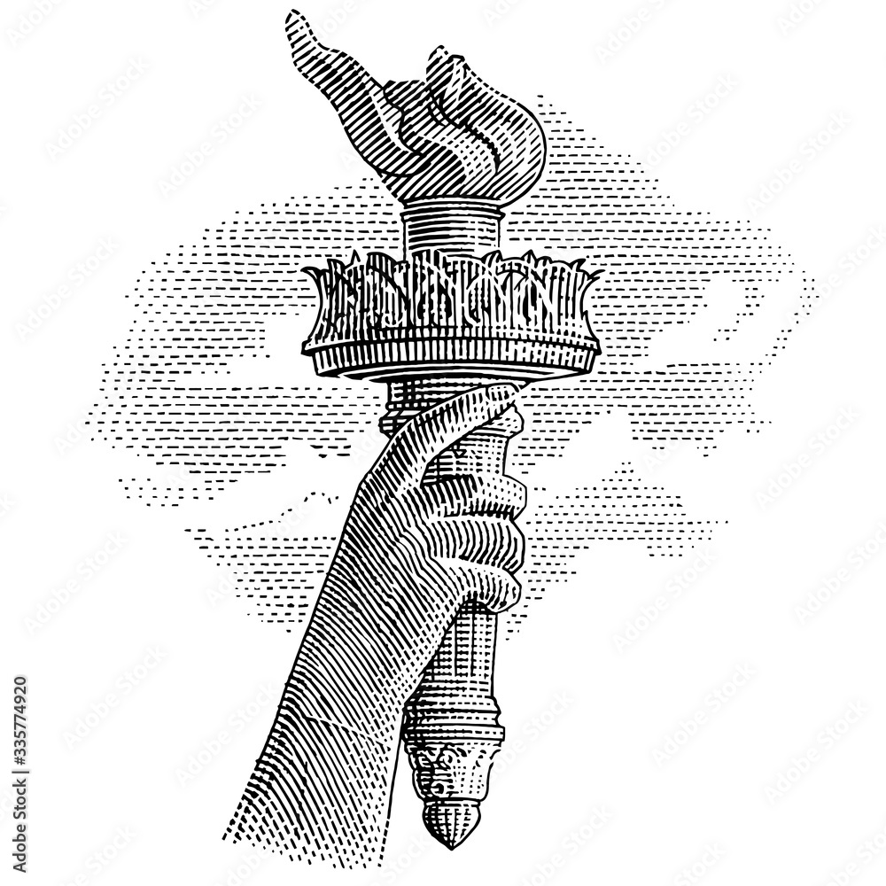 Statue of Liberty torch engraving style illustration. Vector. Sky in