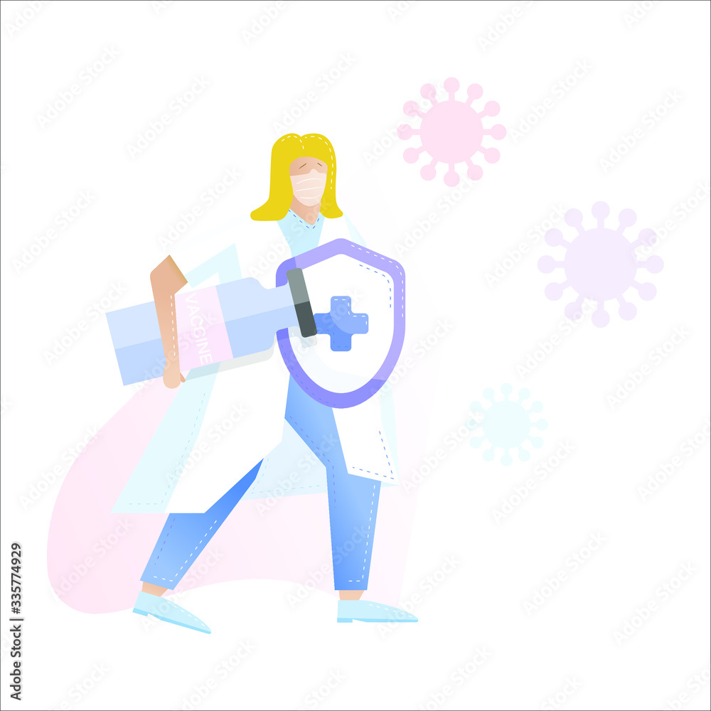 Obraz premium Vector Image of a nurse, holding a vaccine in his hands, who is fighting the coronovirus. Flat illustration.