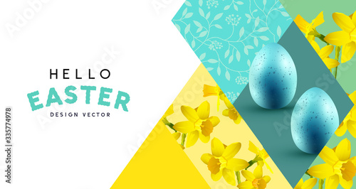 Easter texture and pattern background with Easter eggs and Daffodil flowers. Vector illustration.