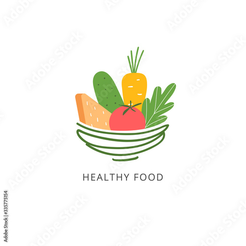 Healthy food logo with vegetables and bowl. Healthy lifestyle.