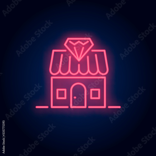 Jewelry store neon sign. Building and diamond on brick wall background. Vector illustration in neon style for topics like gift purchasing, shopping, present, boutique