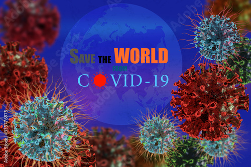 Illustration of corona viruses, with text, save the world from covid-19 on the earth.