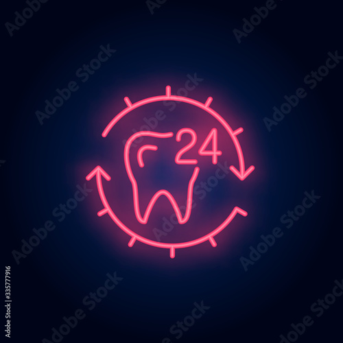 Tooth and twenty four hour service neon sign. Around-the-clock dental clinic advertisement design. Night bright neon sign, colorful billboard, light banner. Vector illustration in neon style.