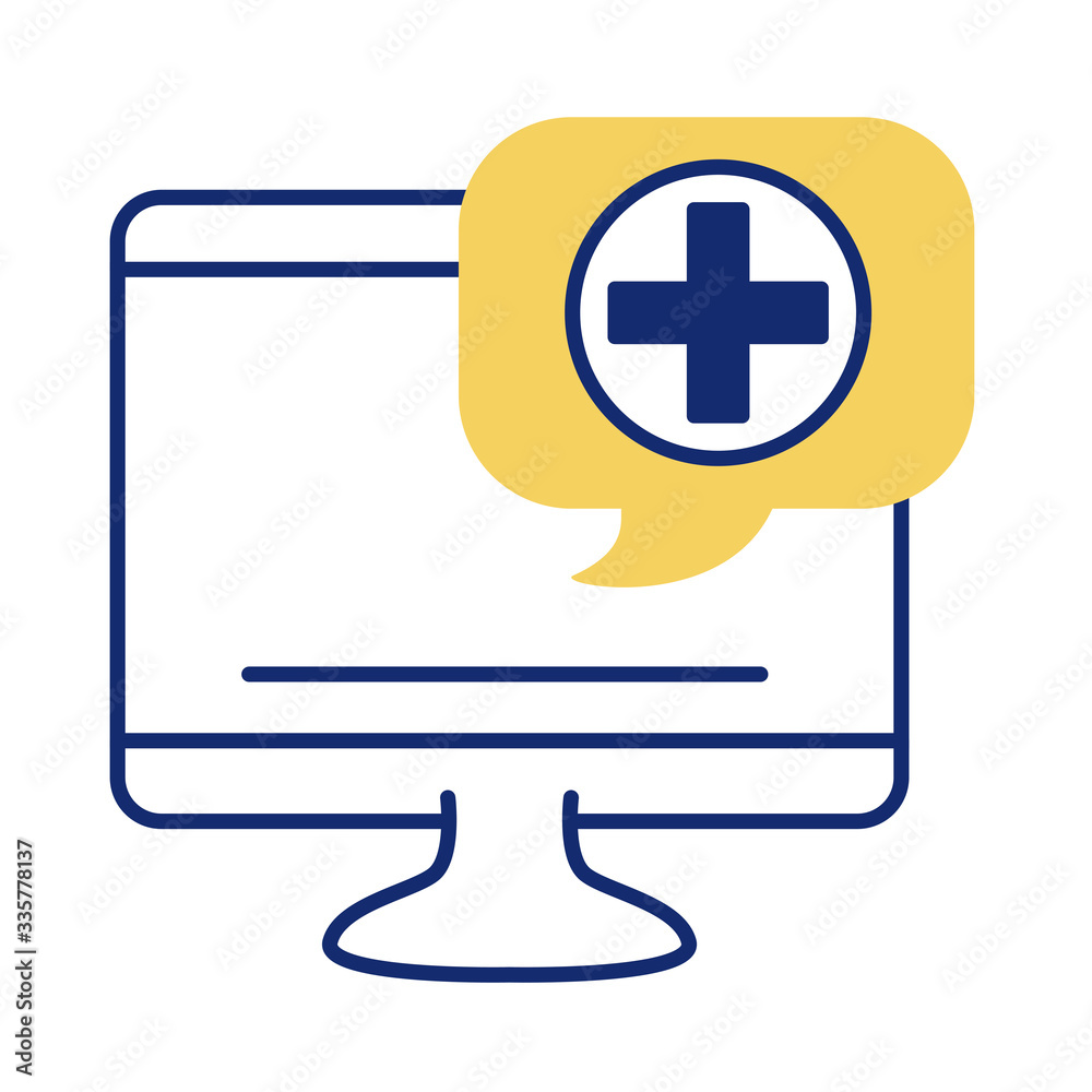 desktop with cross in speech bubble health online line style desktop with cross in speech bubble health online line style