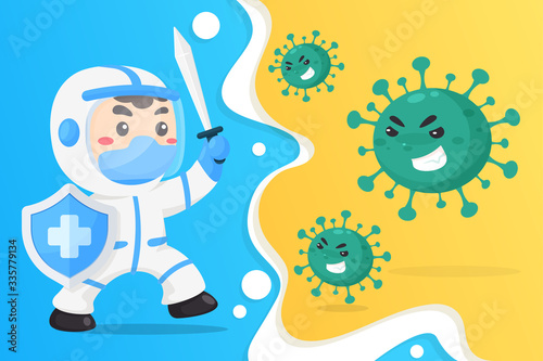 Cartoon doctor wearing a corona virus protection suit Holding a sword and shield to fight the corona virus.