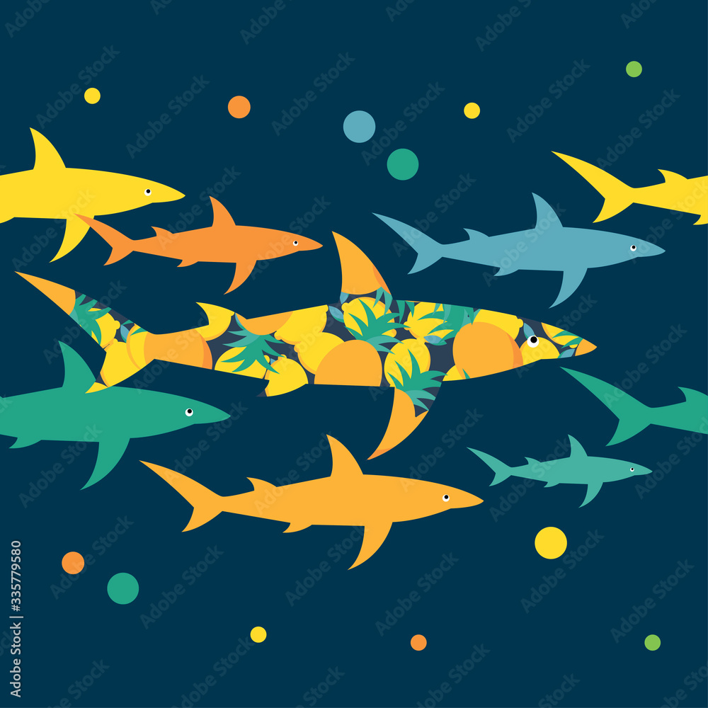 Obraz premium Seamless background with sharks. Predator in the sea. Vector illustration for web design or print.