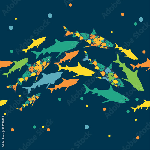 Seamless background with sharks. Predator in the sea. Vector illustration for web design or print.