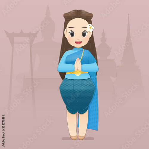 illustration thai women in Thai traditional wear say hello Sawasdee. Hello, Sawadee with Bangkok background. Flat character illustration design.