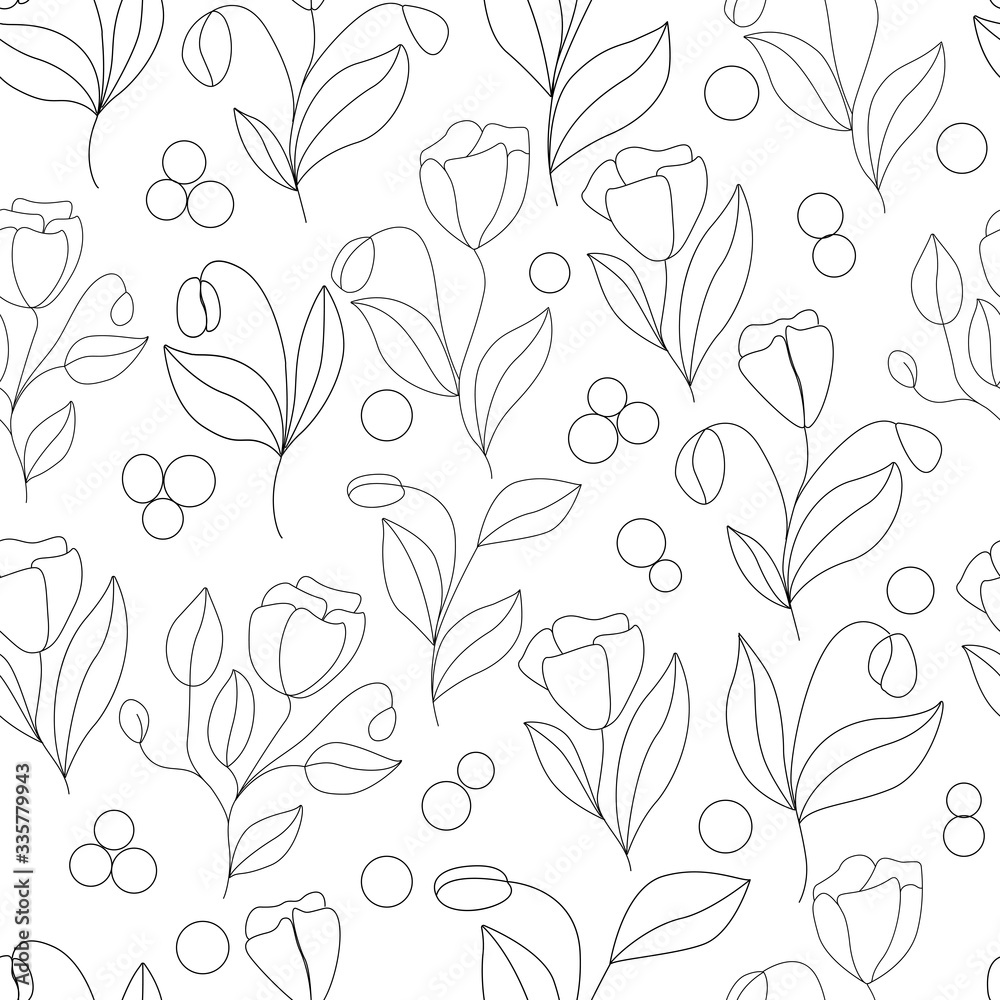 Seamless pattern on a white background - delicate flowers in a linear style, for the design of wallpapers, phone covers, notebooks, wrapping paper
