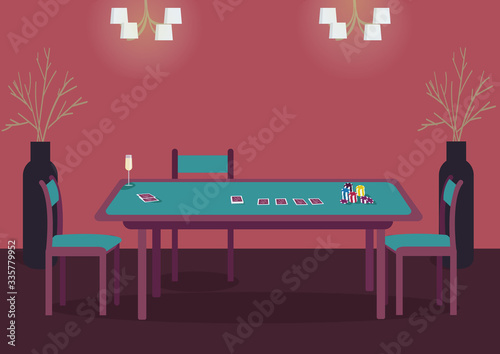 Poker green table flat color vector illustration. Desk with deck of cards to play blackjack. Empty seats for three gamblers. Casino room 2D cartoon interior with red wall on background
