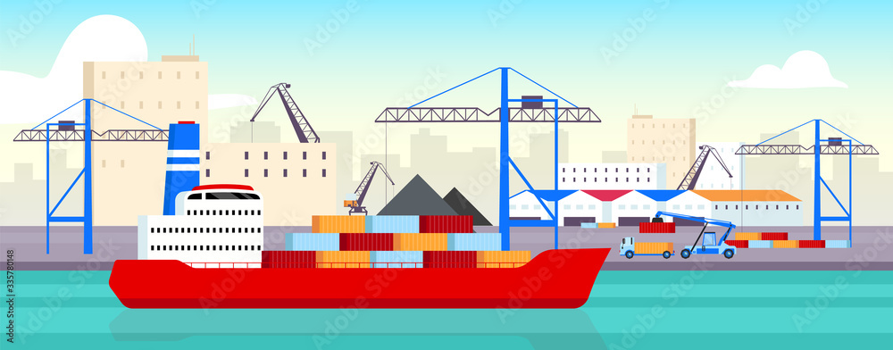 Sea port flat color vector illustration. Industrial shipyard, container yard 2D cartoon landscape with warehouses on background. Maritime freight transportation logistics hub. Commercial storage depot