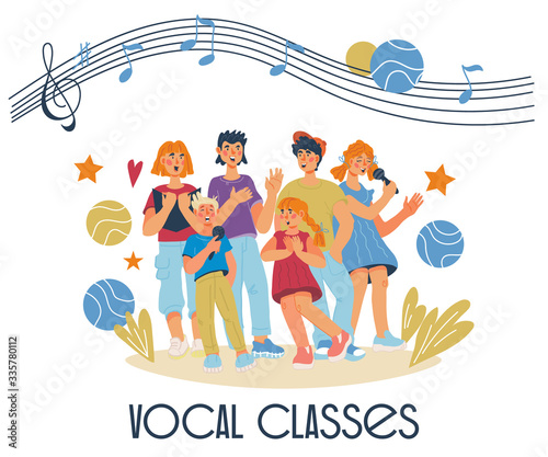 Children vocal classes banner with singing kids cartoon characters. Music lessons, chorus and education. School or preschool musical performance poster. Flat vector illustration isolated background.