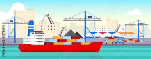 Sea port flat color vector illustration. Industrial shipyard, container yard 2D cartoon landscape with warehouses on background. Maritime freight transportation logistics hub. Commercial storage depot