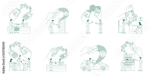 Contactless payments and secure systems thin line concept vector illustrations set. People with smart devices and cards 2D cartoon characters for web design. NFC technologies creative ideas