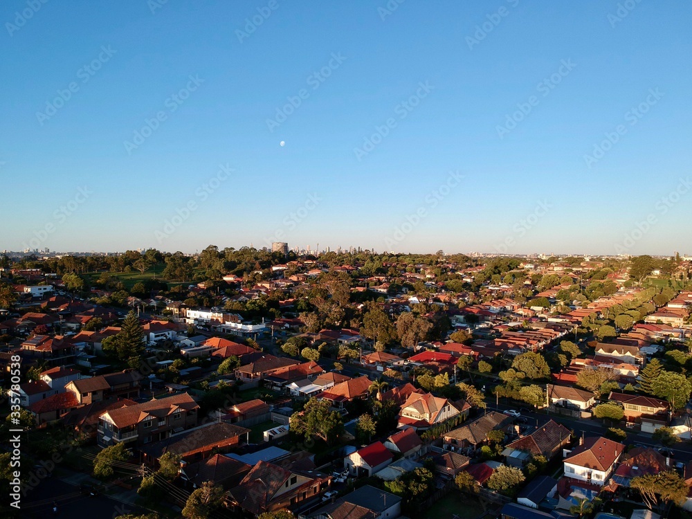 Drone panoramic aerial view of Sydney NSW Australia city Skyline and looking down on all suburbs Drone panoramic aerial view of Sydney NSW Australia city Skyline and looking down on all suburbs