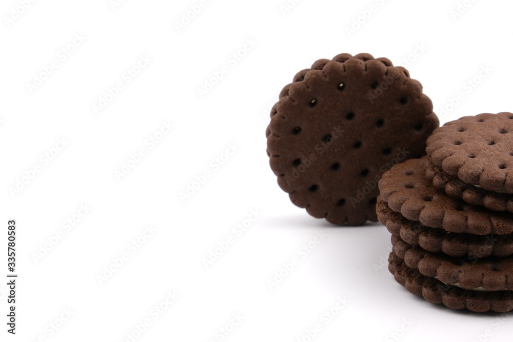 chocolate cream sandwich cookies with cream filling on a white background chocolate cream sandwich cookies with cream filling on a white background