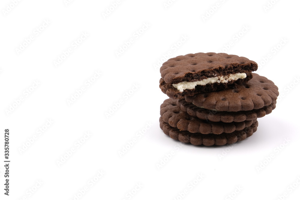 chocolate cream sandwich cookies with cream filling on a white background chocolate cream sandwich cookies with cream filling on a white background