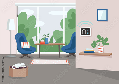 Smart home management panel flat color vector illustration. Climate control device, automated thermostat. IOT technology. Modern house 2D cartoon interior with living room on background