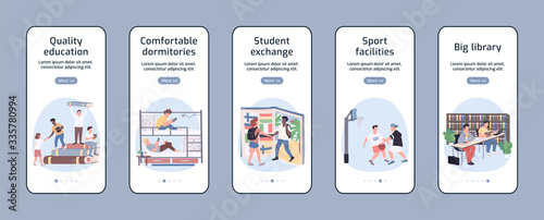 Students lifestyle onboarding mobile app screen flat vector template. Education in college walkthrough website steps with characters. UX, UI, GUI smartphone cartoon interface, case prints set