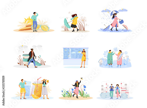 Seasonal flat concept vector illustrations set. Woman in raincoat with umbrella. Windy autumn. Heat wave. Chemical gas emission. Hot summer metaphors. Spring time. Weather 2D cartoon characters
