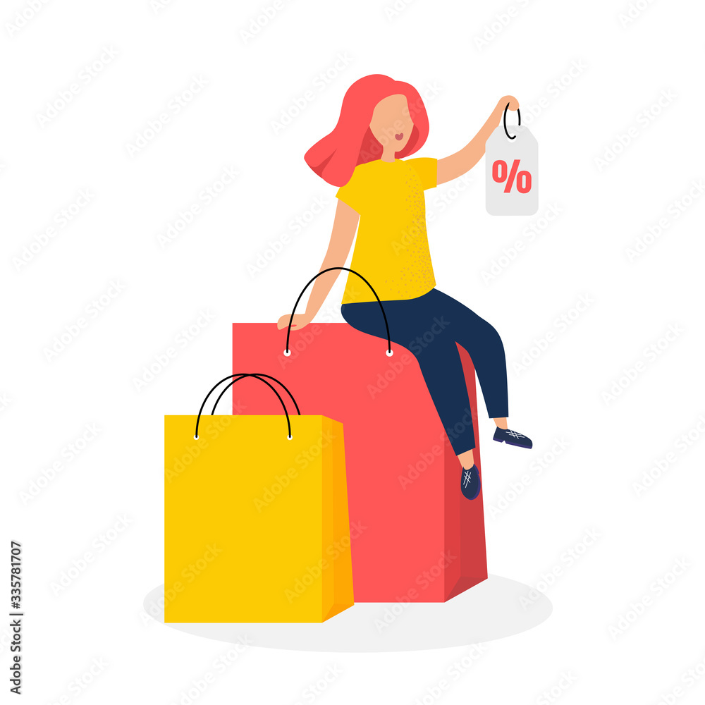 Discounts and shopping. Woman sits on top of shopping bags and holds a sticker in her hand with a discount sign. Modern vector illustration.
