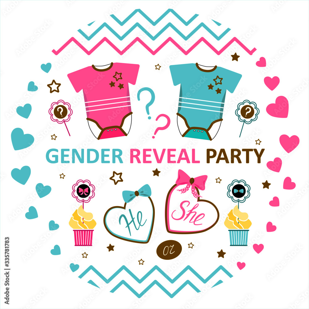 Gender reveal party. He or She question. Newborn baby boy and baby girl hanging bodies, cakes,hearts, stars. 
