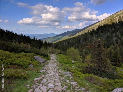Mountain footpath and panoramic view of Karkonosze Mountains