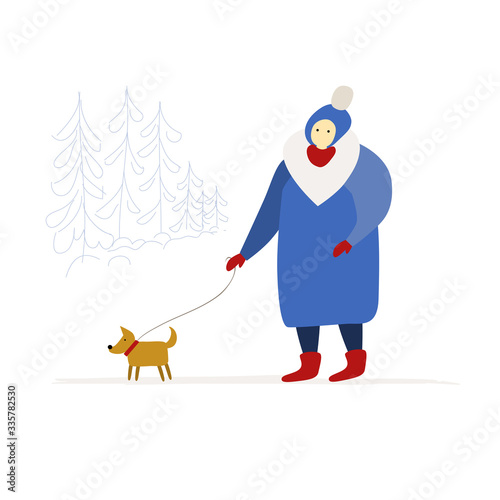 Elderly woman walking with dog in the forest. Winter season