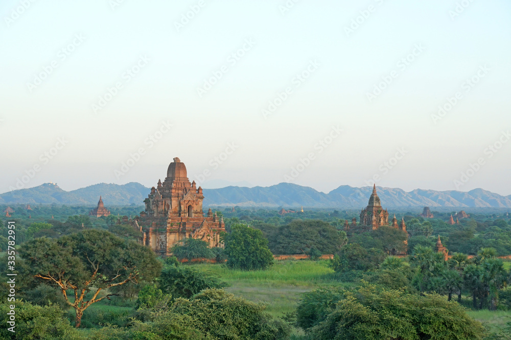 Aerial view Landscape Nature of many ancient pagoda on the field at Bagan , Mandalay , Myanmar is best famous landmark                              