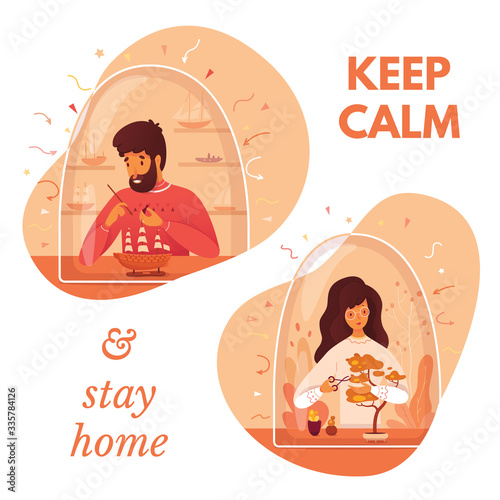 Coronavirus prevention vector concept. Young man gluing ship model and girl taking care of bonsai under a glass caps. Covid-19 virus is in air. Keep calm and stay home slogan. Protection from viruses.