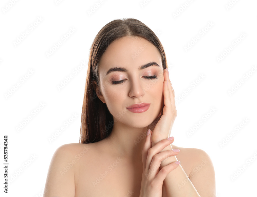 Portrait of young woman with beautiful face on white background Portrait of young woman with beautiful face on white background
