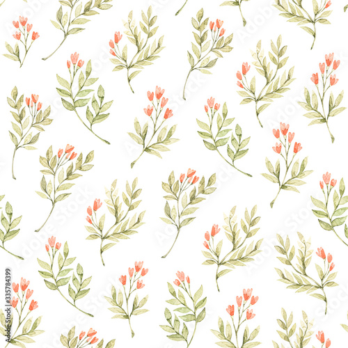 Floral watercolor seamless pattern. Gentle botanical background with green leaves and red flowers. Perfect for textile, fabric, wrapping paper, linens, wallpaper