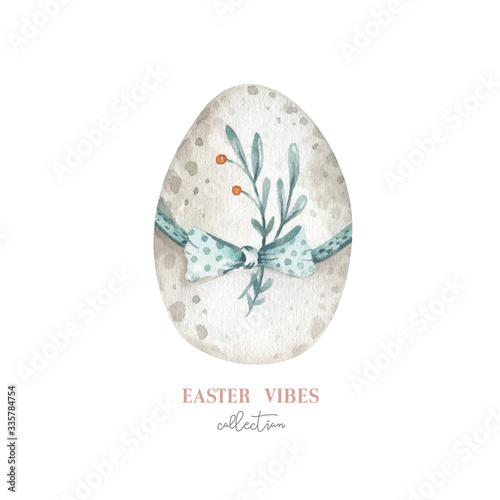 Watercolor Happy Easter egg with flowers, feathers and eggs. Spring holiday decoration.