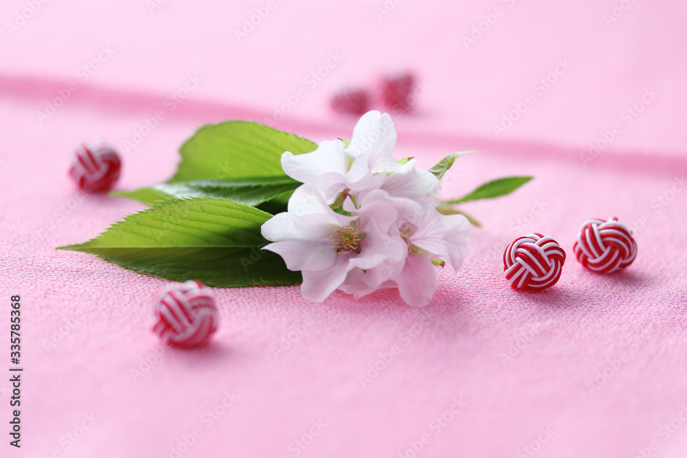 正月背景　水引飾りと桜の花（オオシマザクラ）
