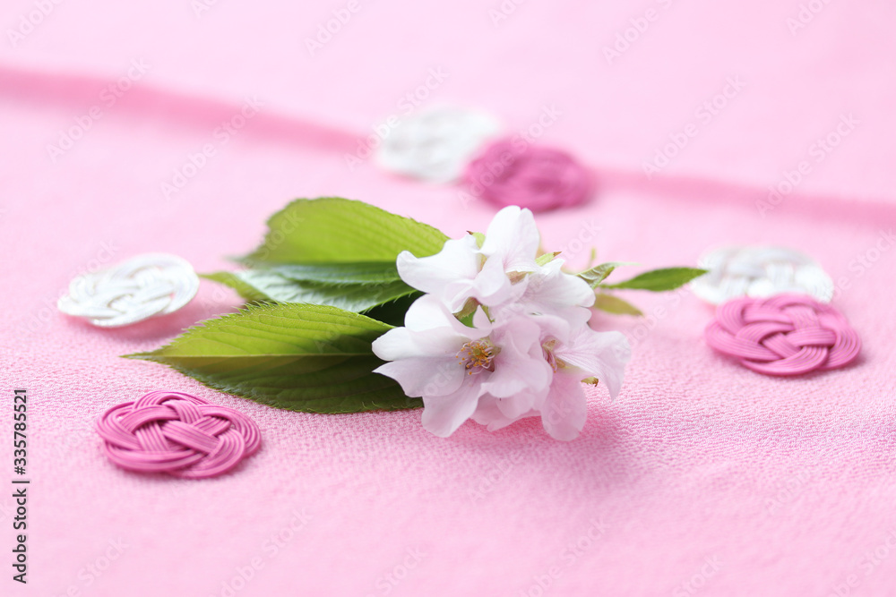 正月背景　水引飾りと桜の花（オオシマザクラ）