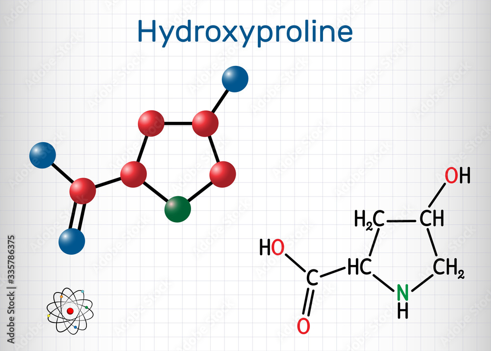 Hydroxyproline , Hyp, C5H9NO3 molecule. It is is a common proteinogenic amino acid and a major component of the protein collagen. Sheet of paper in a cage Hydroxyproline , Hyp, C5H9NO3 molecule. It is is a common proteinogenic amino acid and a major component of the protein collagen. Sheet of paper in a cage