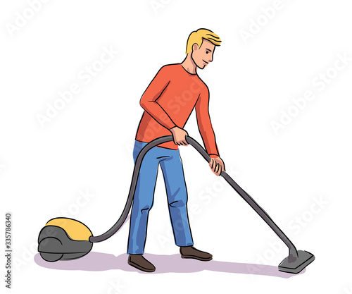 Vector character Illustration man vacuuming floor